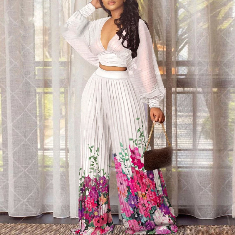 Fashion Print V-Neck Doll Sleeve Pleated Pants Set