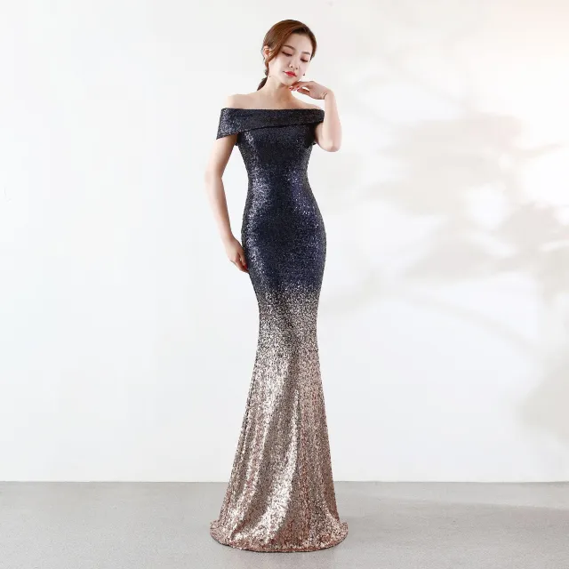 Birthday Party Dress Slimming Host Long Dress Navy Blue With Gold - Shop at LoveMi