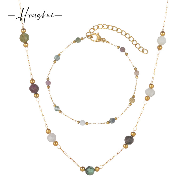 Stainless Steel Natural Stone Necklace Bracelet Set For Women