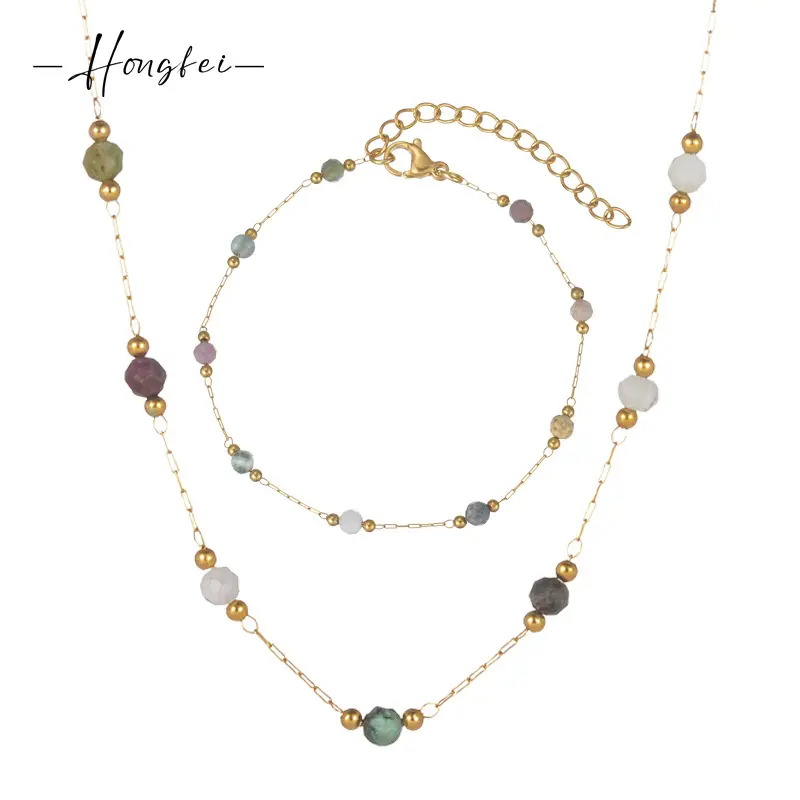 Stainless Steel Natural Stone Necklace Bracelet Set