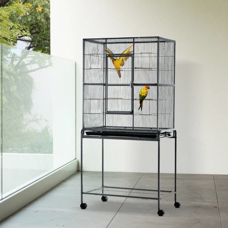 Rolling Metal Bird Cage Feeder With Detachable Rolling Stand, Storage Shelf, Wood Perch & Food Container