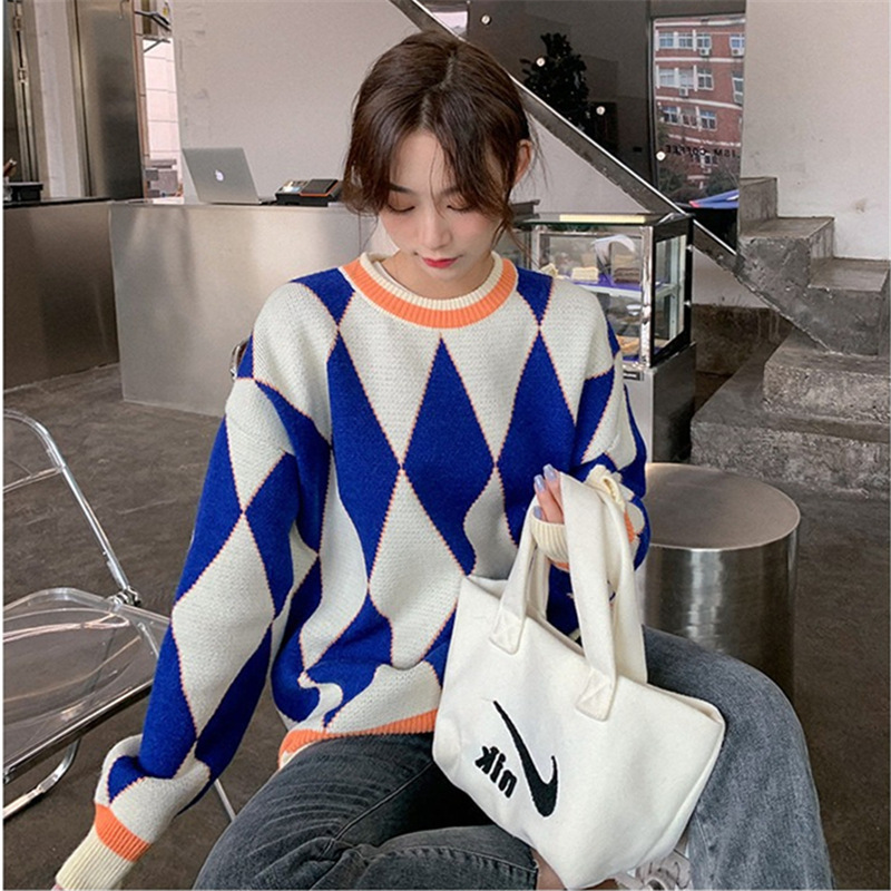Retro Diamond-shaped Contrast Color Pullover Women
