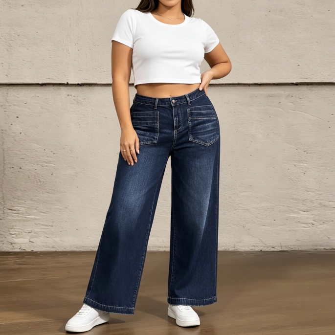 High Waist Plus Size Jeans Women Front Pocket Wide Leg Dark Blue Denim Pants US Warehouse Ready Stock