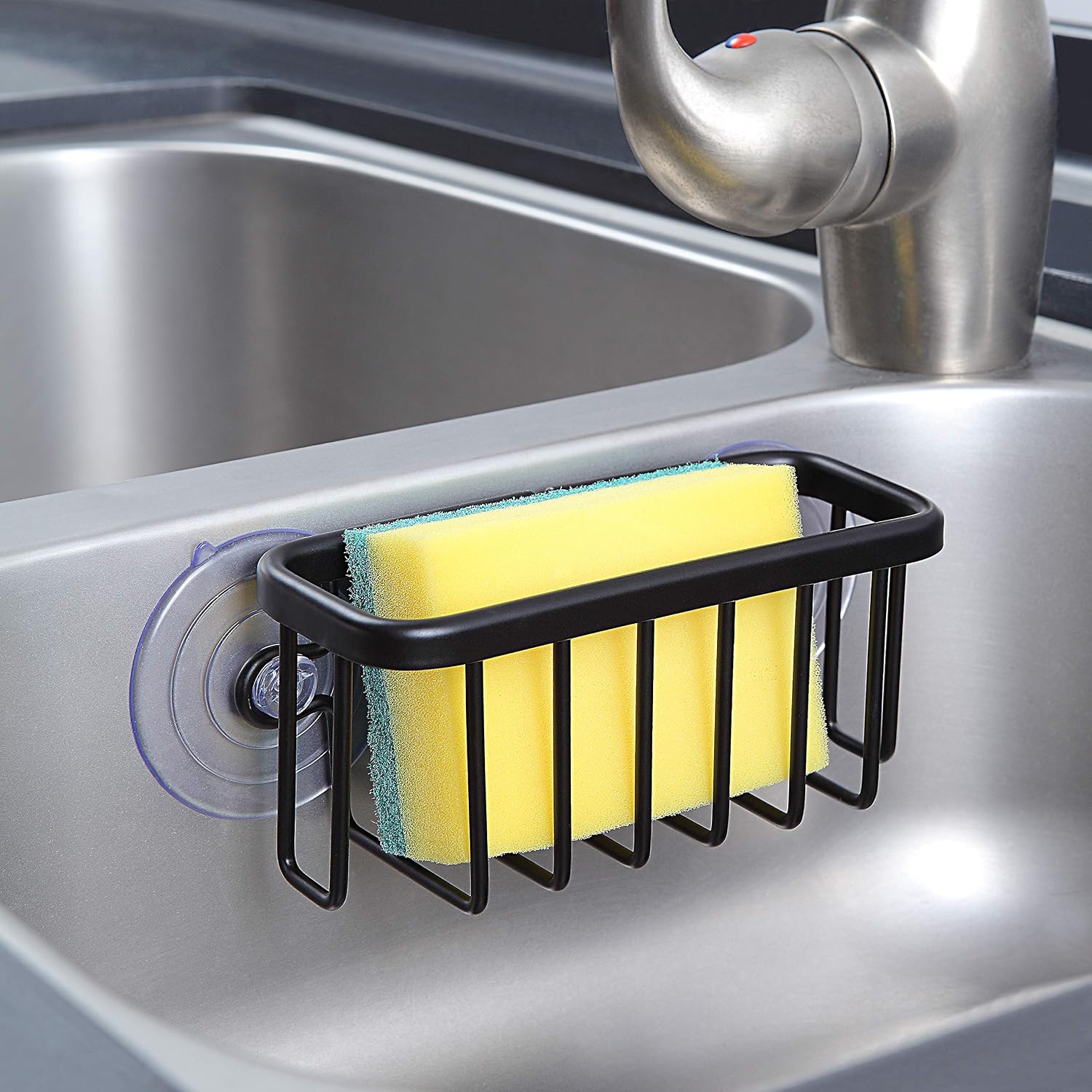 Kitchen And Bathroom Sink Caddy, 6x2.5x2.65 Inch Aluminum Sponge And Soap Holder With Adhesive Mount And Suction Cup, Black 5