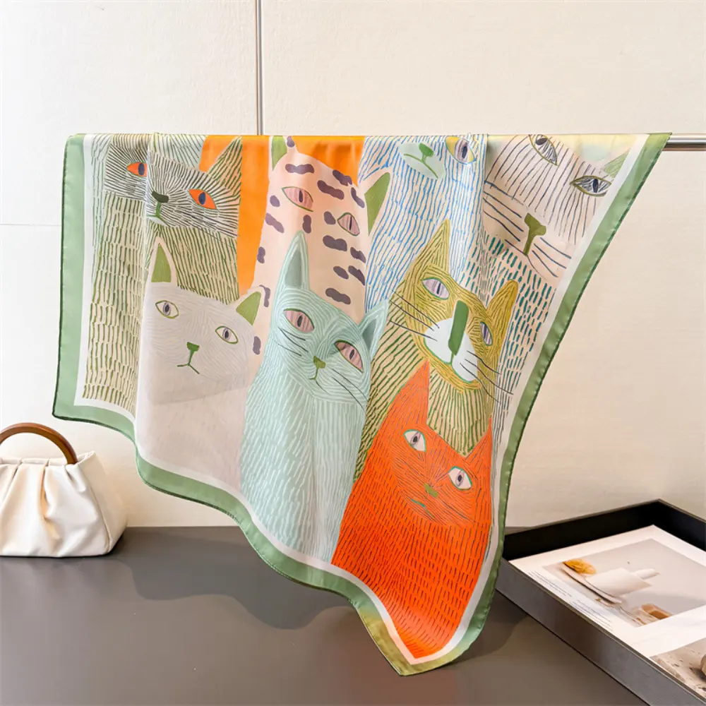 Cartoon-printed Cat Small Square Scarf