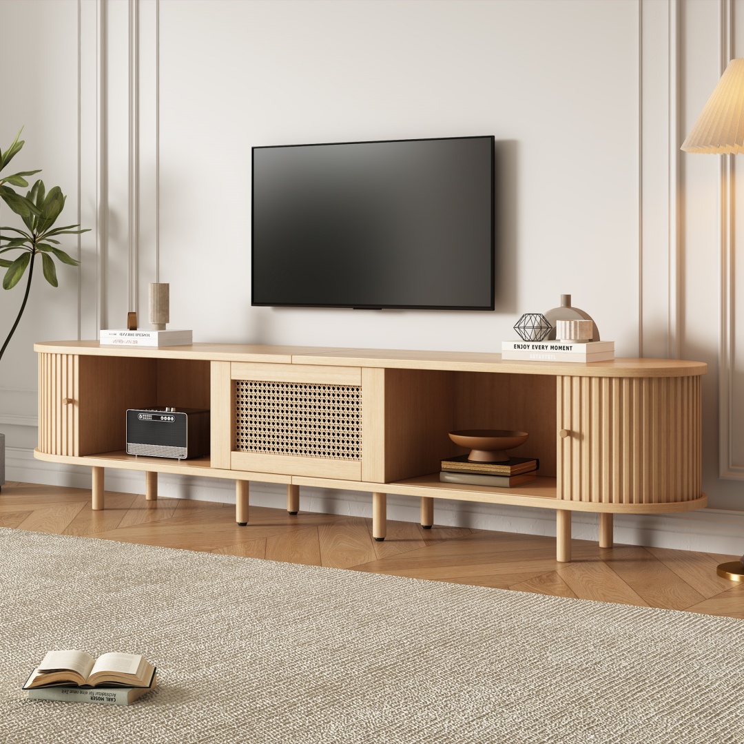 TV Stand With 1 Rattan Drawer And 2 Sliding Doors,Oval TV Cabinet Storage — image 7