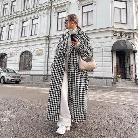 Houndstooth Long Trench Coat High-end and Fashionable for Women