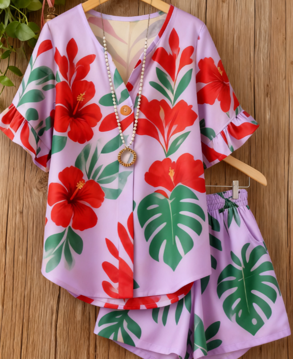 Printed V-neck Women's Long-sleeved Shirt  Shorts Set