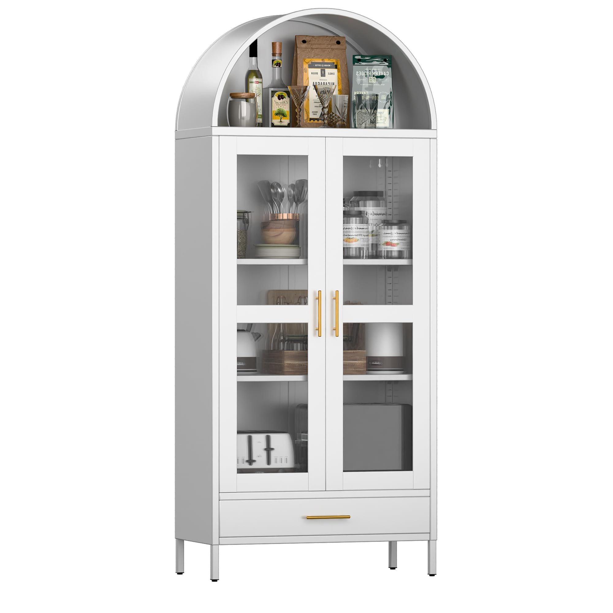 185cm Metal Arched Storage Display Cabinet In White With Drawer, Arched Cabinets With Glass Doors And Shelves For Living Room, Kitchens And Bedrooms, Assembly Required