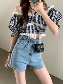 Fashion Shorts Jeans High Waist Stretch Skinny - Blue - View 1