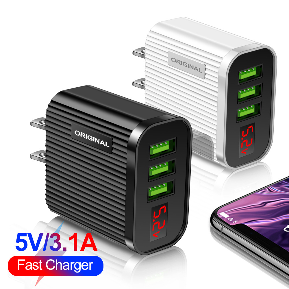 3USB Digital Display Phone Charger 5V 3A Stripe Matte