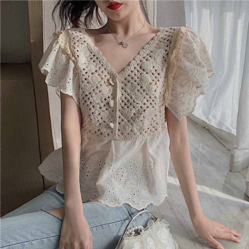 Women's V-neck Hollow Lace Shirt