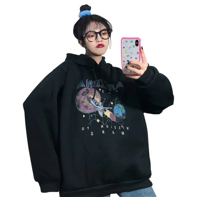 Long Sleeved Alien Print Padded Sweatshirt Black - Shop at LoveMi