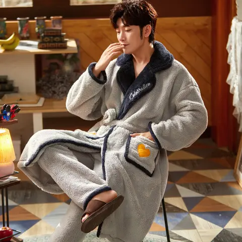 Men's Fleece Thickened Long Coral Pajamas Set