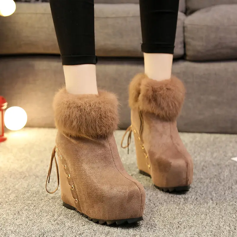 Real Rabbit Fur Inner Heightening Women's Wedge Heel Fashion Short Boots