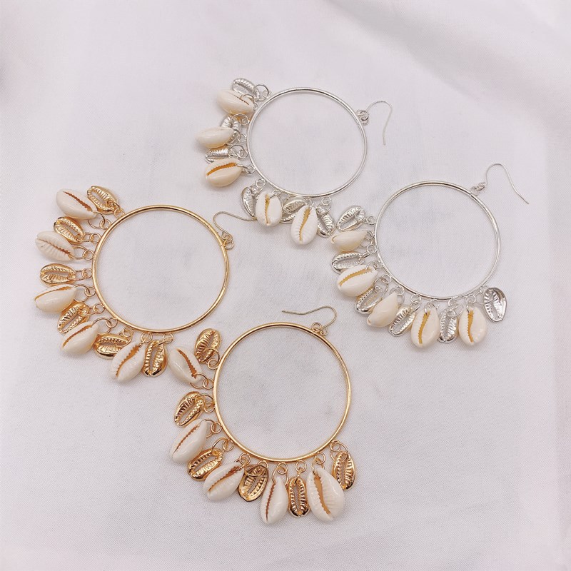 Boho Style Natural Shell Earrings Circle Tassel Pendant Earrings