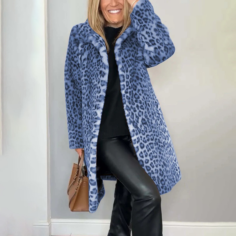 Women's Leopard Print Plush Jacket, Cozy Loose Fit Warm Coat Elegant Medium Length Fall Winter Outwear Blue - Shop at LoveMi
