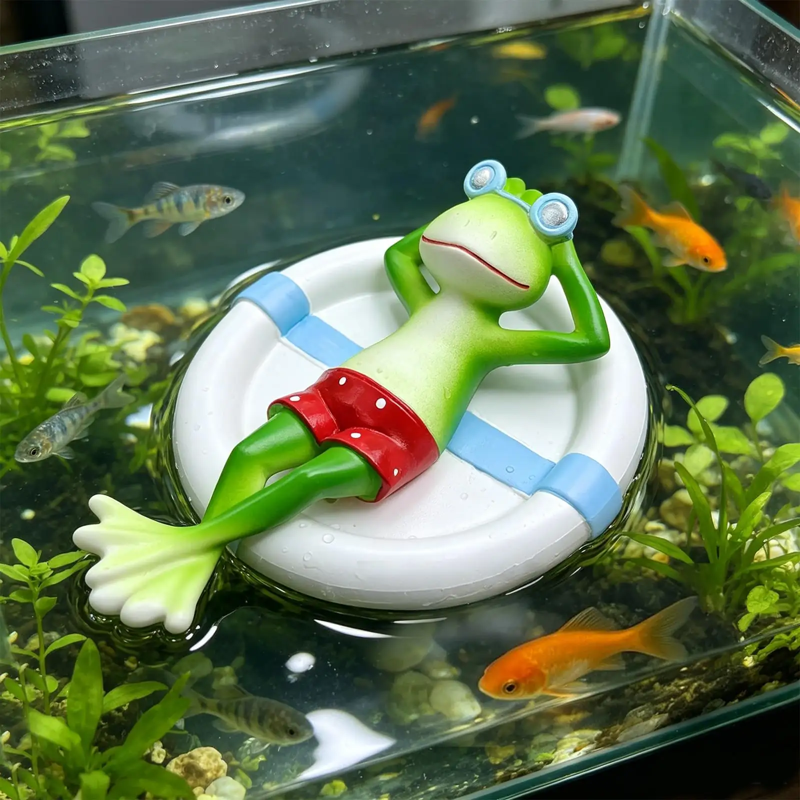 Floating Frog On Swim Ring Resin Aquarium