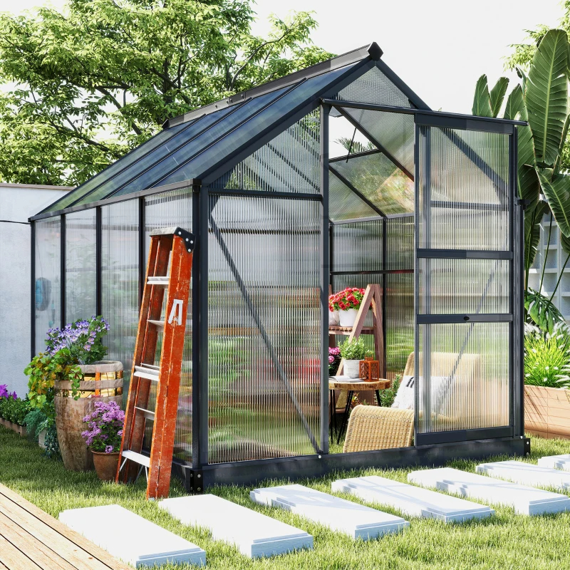 Polycarbonate Greenhouse, Heavy Duty Outdoor Aluminum Walk-in Green House Kit Vent DoorMultiple Packages Shipped. Please Pay Attention To The Dimensions And Weight In The Details.