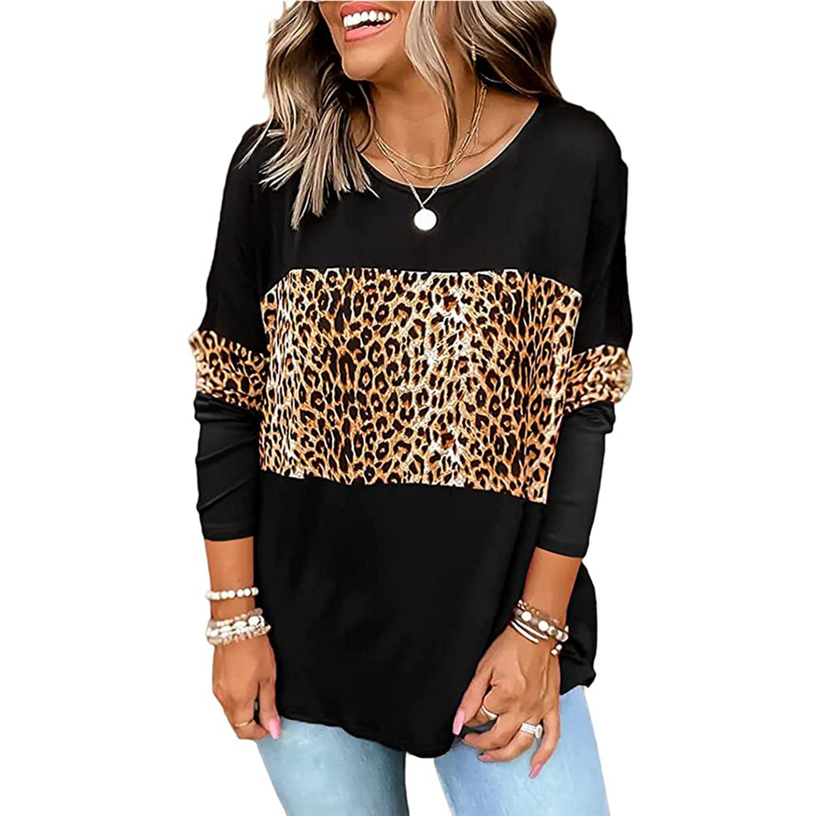 Women's Leopard Patchwork Contrast Crew Neck Long Sleeves
