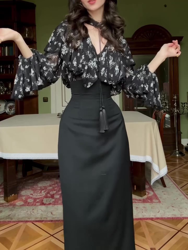 Black Floral Chiffon Overlay & Bodycon Midi Skirt 2-Piece Set With Tassel Belt