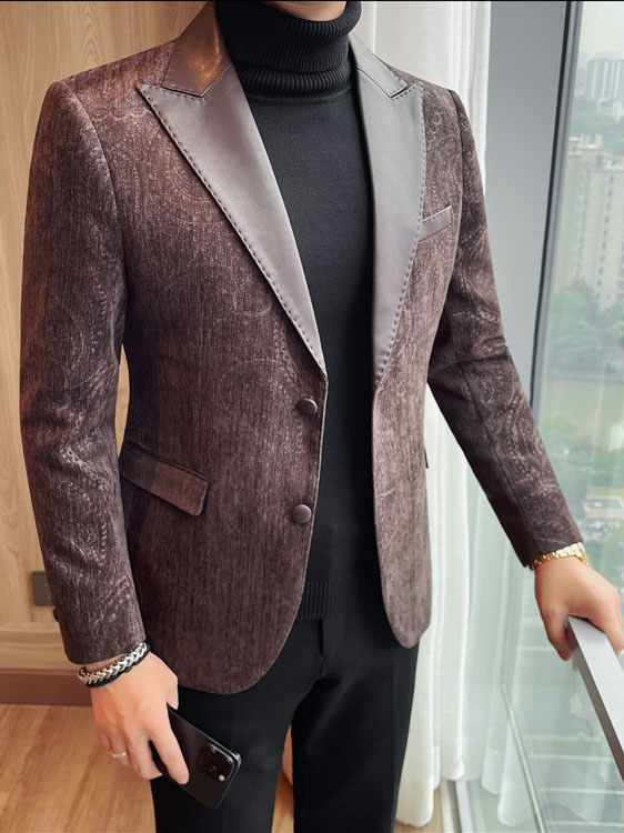 Jacquard Velvet Leather Lapel Men's Blazer