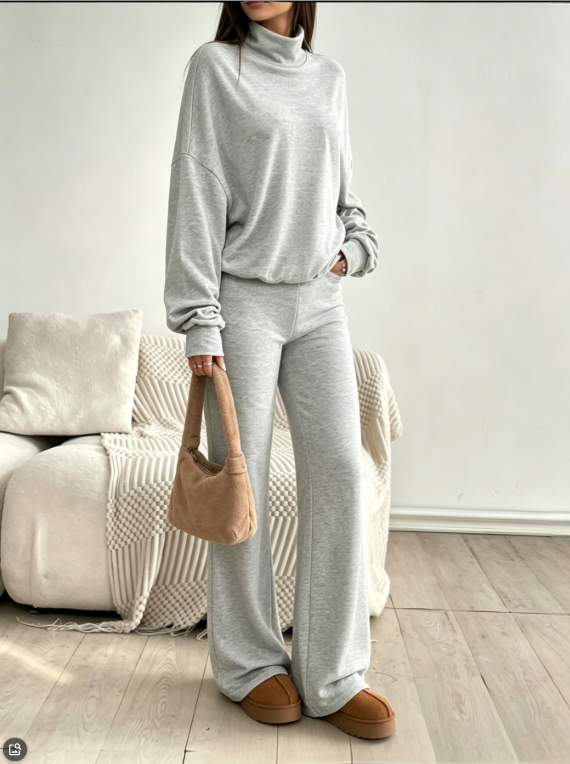 Ma Grey High Collar Shoulder Loose Long Sleeve Top With High Waist And Slight Sagging, Casual Two Piece Set