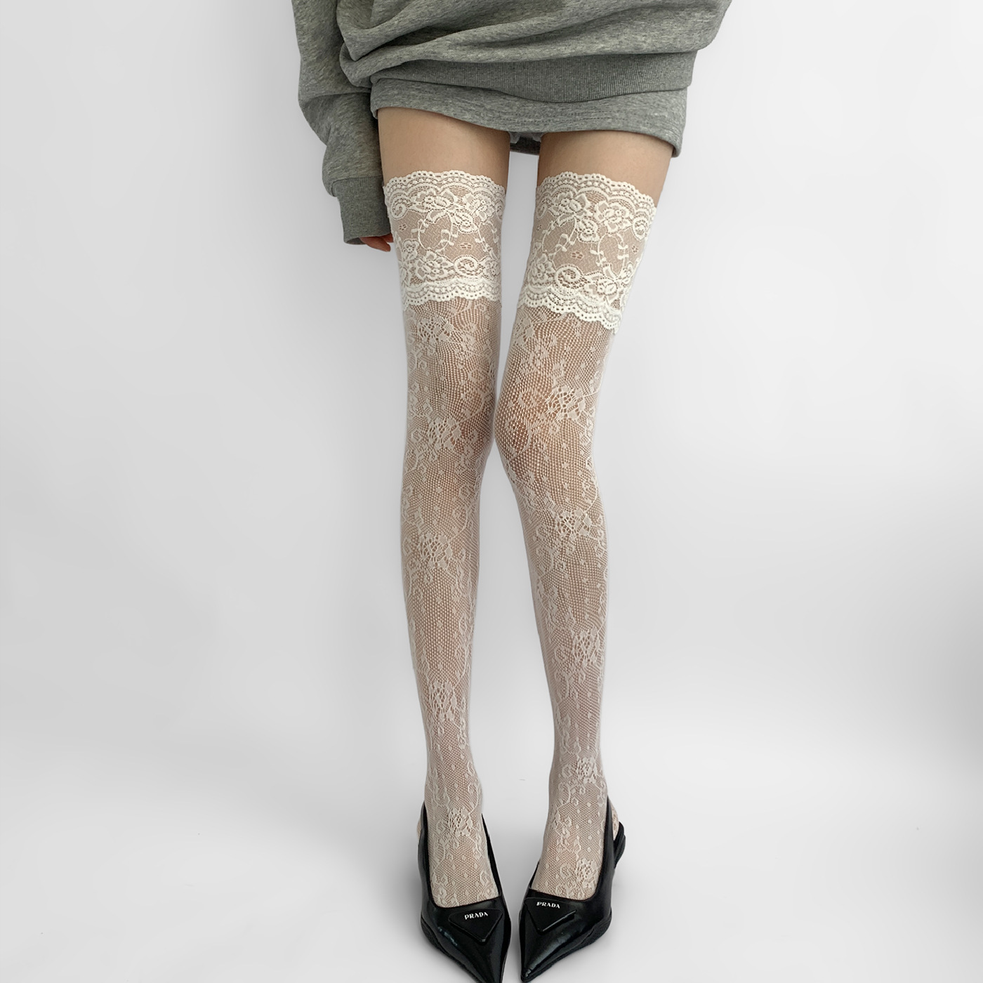 Sexy Lace Pattern Stockings, Ultra-Thin Hollow-Out Thigh-High Socks, White JK Over-Knee Fishnet Socks For Women