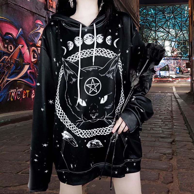 Title 6, Street Gothic Cat Print Loose Hooded Sweater