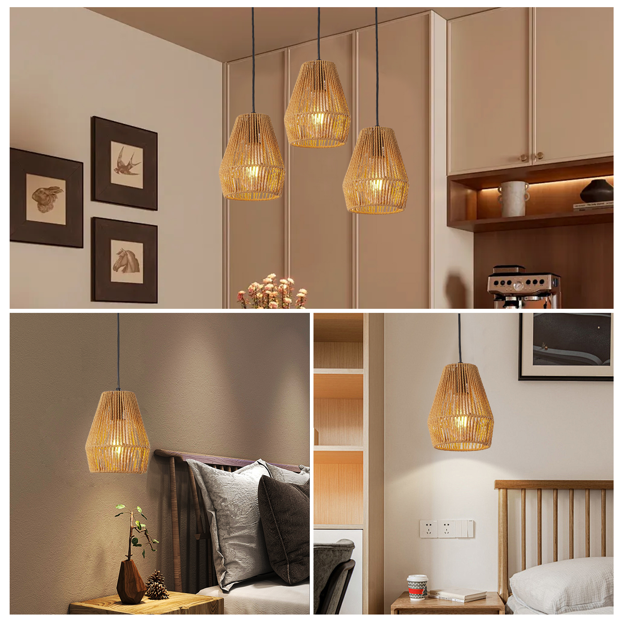 7inch Set Of 3 Rustic Hemp Rope Pendant Light, Handcrafted Farmhouse Hanging Light Fixture, Adjustable Height Ceiling Lamp For Kitchen Island, Dining Room,Or Living Room, Natural Woven Design