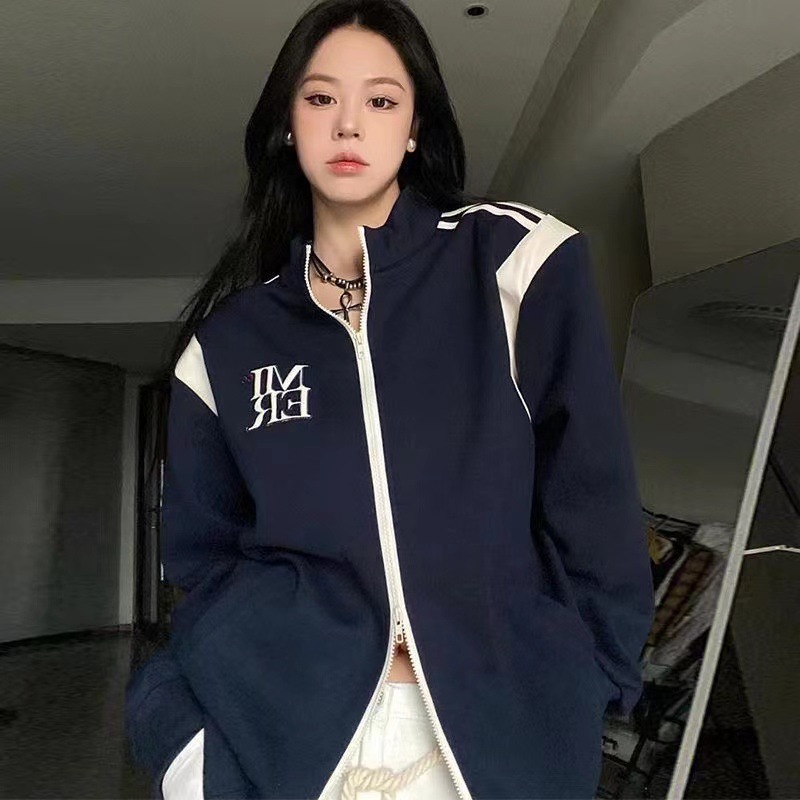 Women's Thin Loose Retro Baseball Jacket Navy - Shop at LoveMi