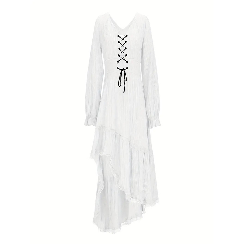 Women's Solid Color Deep V Neck Irregular Ruffle Hem Sexy Tie Waist With Cuffed Sleeves Summer Gothic Lace Trim Midi Dress White - Shop at LoveMi