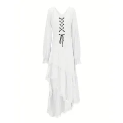 Women's Solid Color Deep V-Neck Irregular Ruffle Hem Sexy Tie-Waist With Cuffed Sleeves Summer Gothic Lace Trim Midi Dress - White - View 1