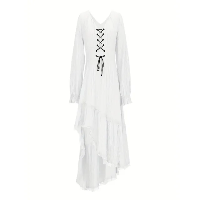 Women's Solid Color Deep V Neck Irregular Ruffle Hem Sexy Tie Waist With Cuffed Sleeves Summer Gothic Lace Trim Midi Dress White - Shop at LoveMi