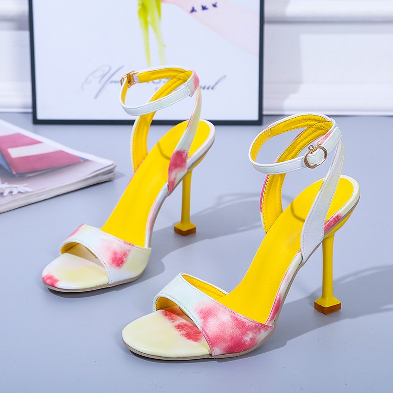 One word Ankle Strap Toe Fashion Stiletto Heels Yellow - Shop at LoveMi