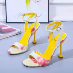 One-word Ankle Strap Toe Fashion Stiletto Heels - Yellow - View 1