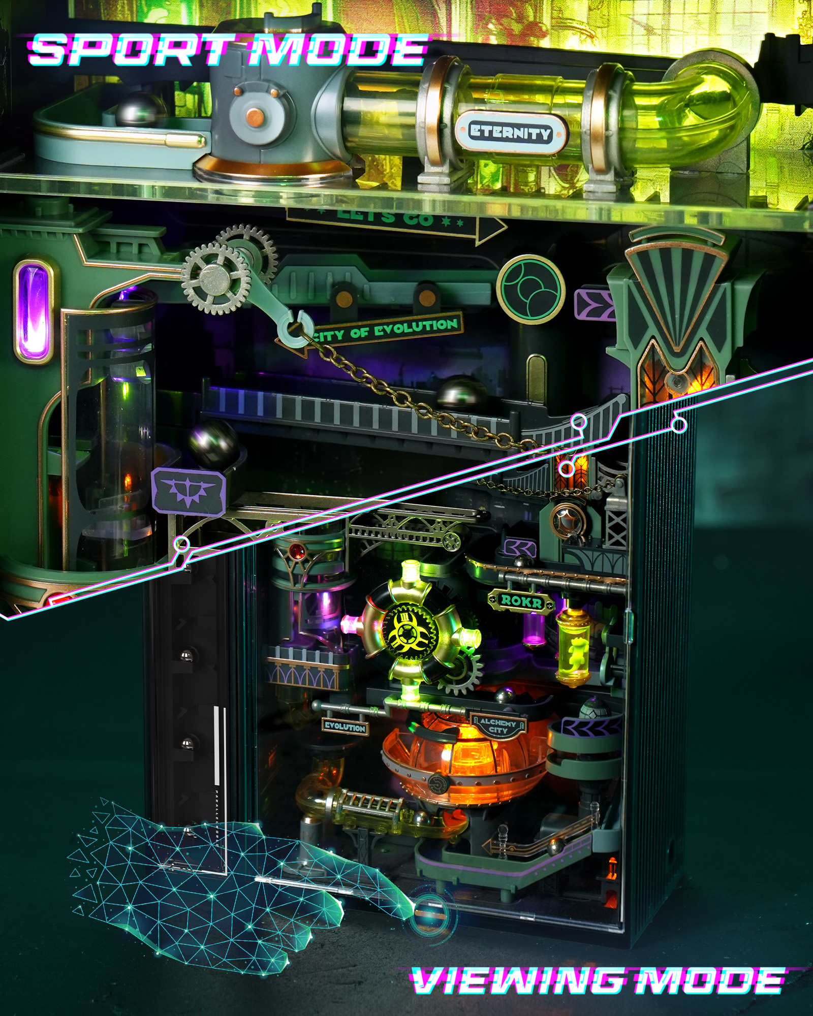 ROKR Parallel World Series - Alchemist's City Pinball Track Model MR04S - 3D Glowing Fantasy Track, Adult Cyberpunk Desktop Ornament, DIY Model Assembly Kit