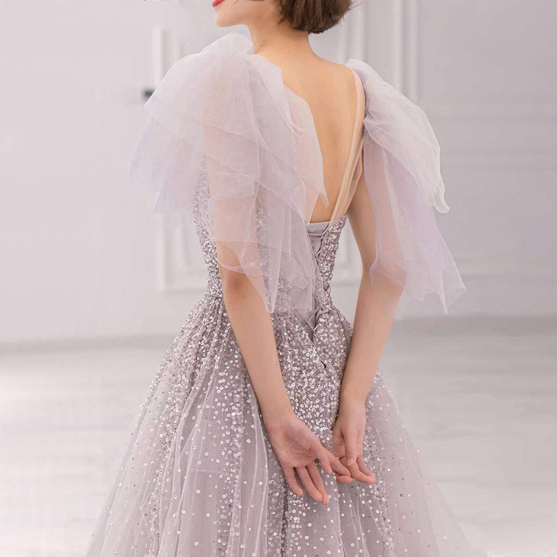 Fly-sleeve Grey Light Luxury Niche Banquet Temperament Socialite Dress