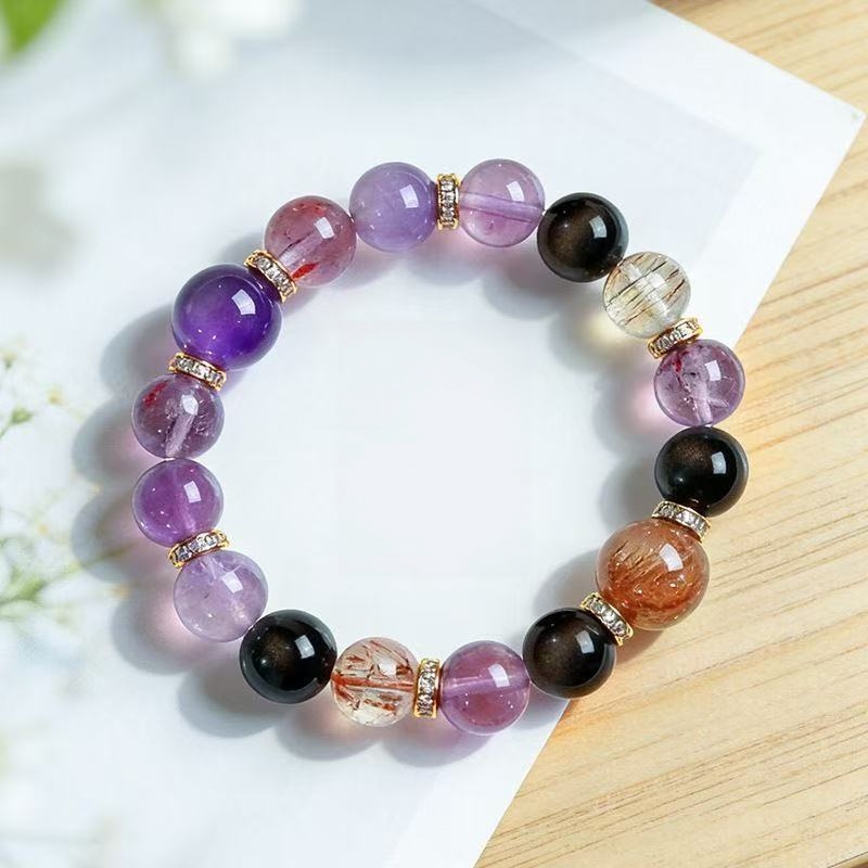 Bratara ametist natural Purple Phantom Black Gold Super Seven Golden Obsidian Two Tone Beaded Chain Unisex Energy Jewelry