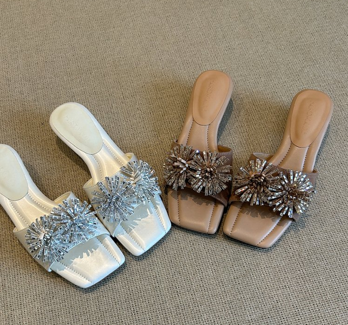 French Square Toe Fireworks Rhinestone Slide Sandals, Elegant Open Toe Luxury Outdoor Slippers