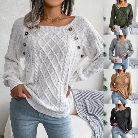 Square Neck Knitted Sweater with Button Design Winter Warm