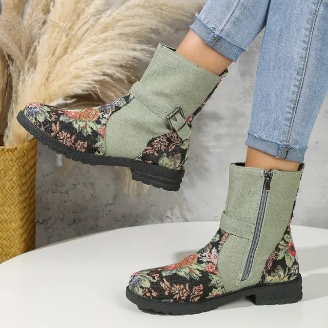 Flowers Print Ankle Boots Women Retro Belt Buckle Chunky Heels Cowboy Boots With Side Zipper Autumn And Winter Round Toe Shoes Flower Size36 - Shop at LoveMi