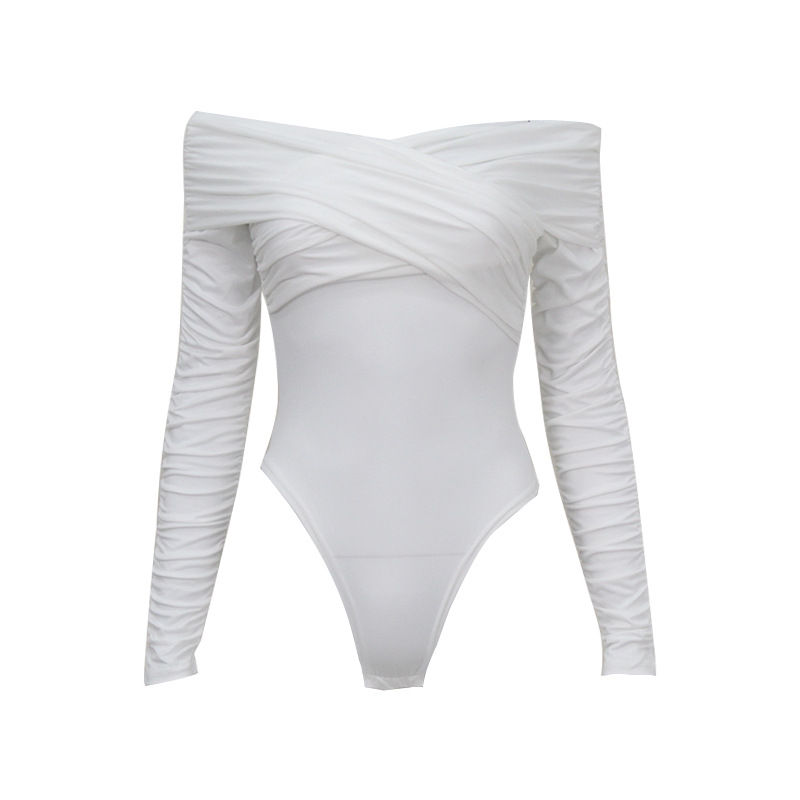 Off-shoulder V-neck Pleated Long Sleeve Tight High Waist Elegant Style Jumpsuit