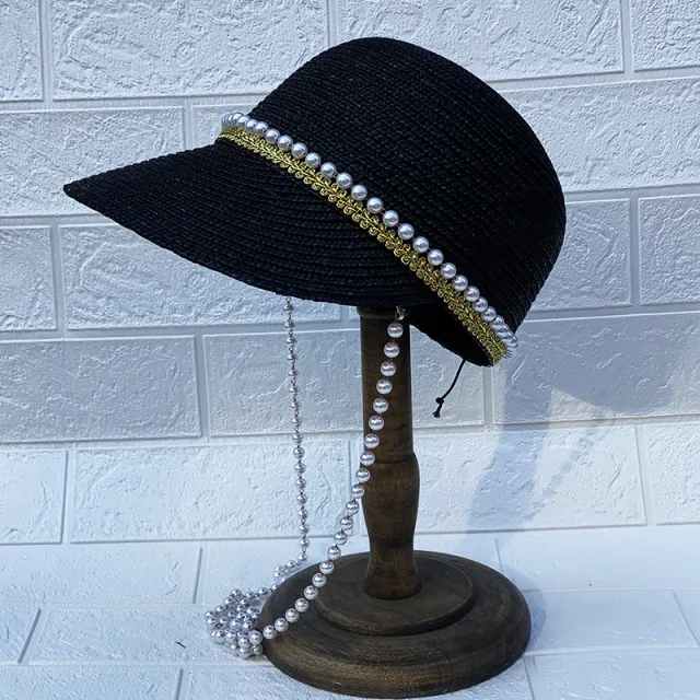 Handmade Pearl Chain Black Straw Hat Black - Shop at LoveMi