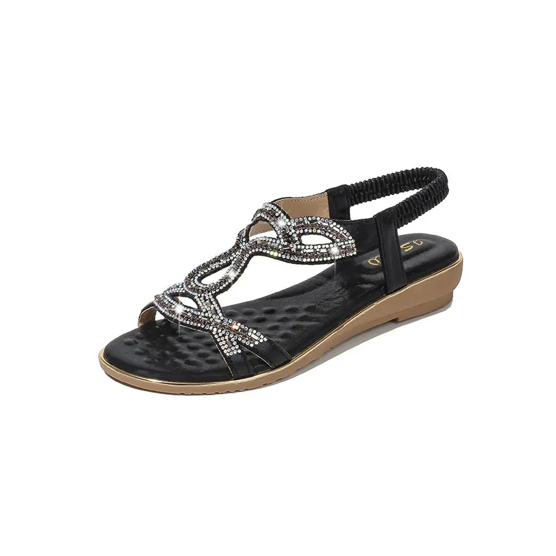 Rhinestone Sandals Bohemia Wedge Sandals Women - Black