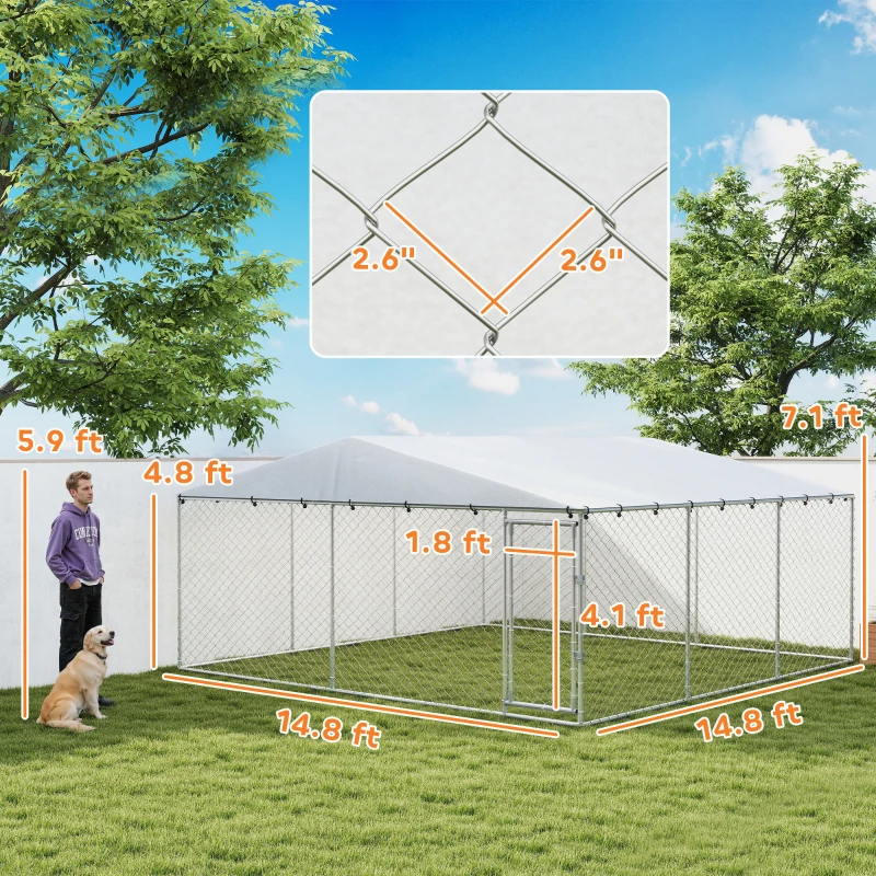 7' Dog Kennel Outdoor For Small Medium Large Dogs With Waterproof Roof, Silver