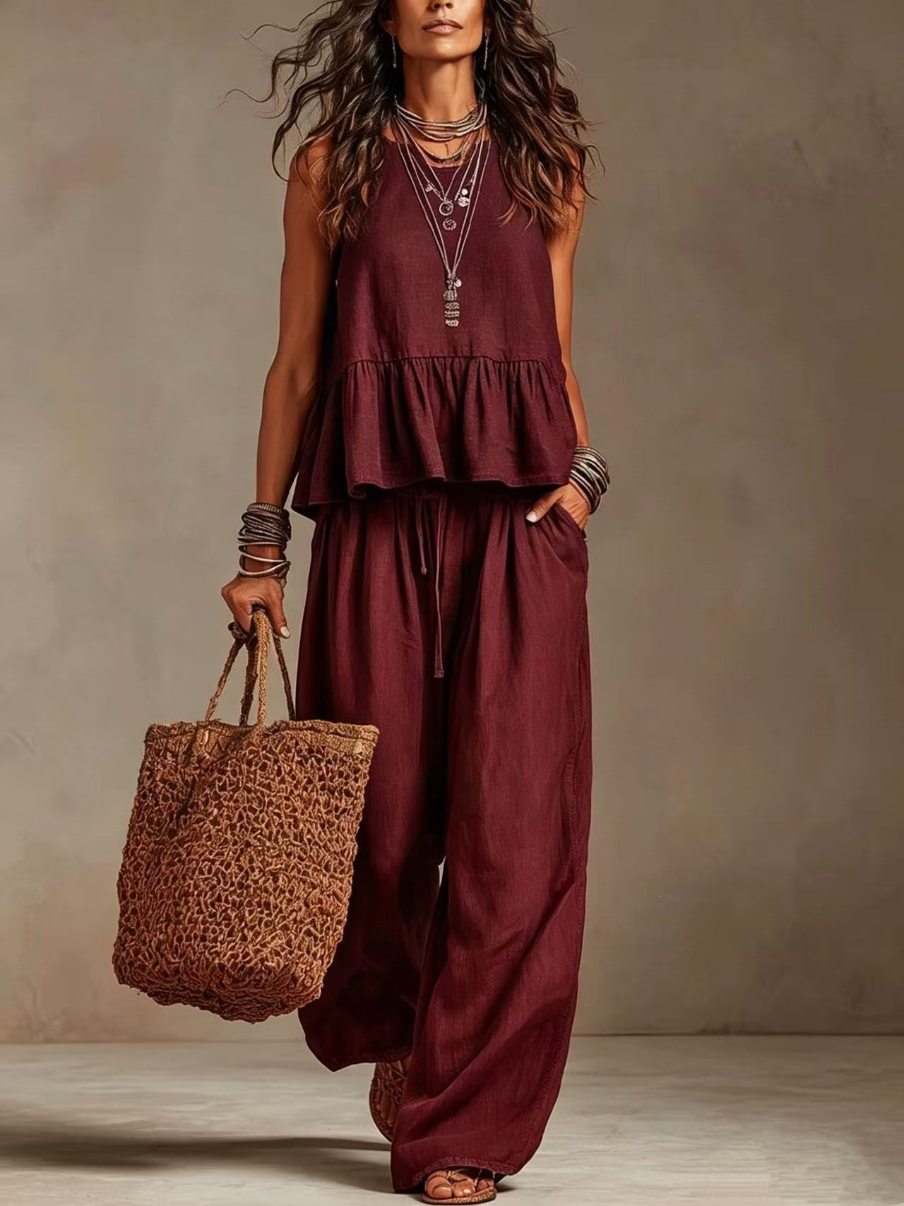 V-Neck Ruffle Hem Sleeveless Crop Top & High Waist Wide Leg Linen Pants Two Piec