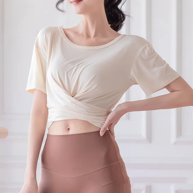 Yoga Clothing Women's Comfortable Round Neck Fitness Clothing Short Sports Apricot - Shop at LoveMi