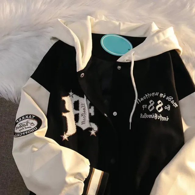 American Retro Baseball Uniform Women Loose Design Couple Jacket Black - Shop at LoveMi