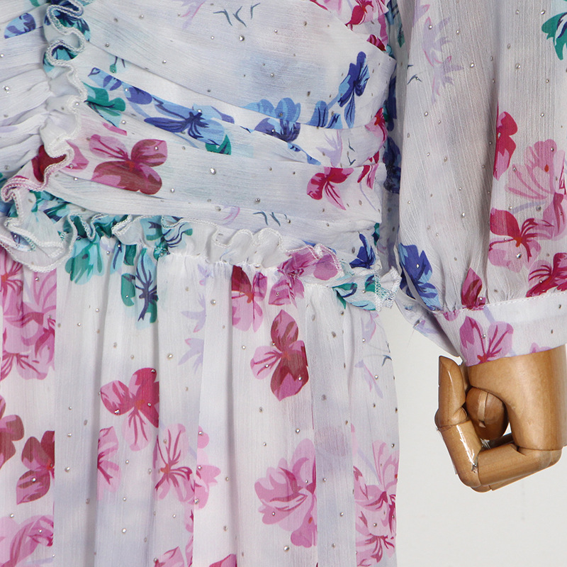 Floral Stand-Collar Pleated Shirt Dress — product details and sizing image 3